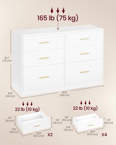 Commode moderne blanche SENYU de 47 pouces pour chambre à coucher, 6 tiroirs en bois, poignées dorées, grand rangement, salon, chambre d'enfant et de bébé - Product Image 3