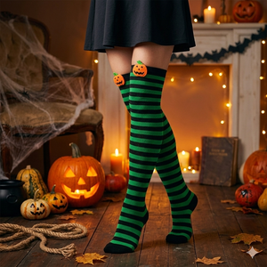 Chaussettes rayées au-dessus du genou pour femmes, motif démon <span class=keywords><strong>de</strong></span> dessin animé et citrouille, pour Halloween, cosplay et fêtes costumées - Product Image 2