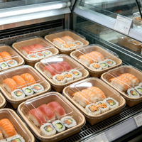 Boîte en papier série EP, plateau à sushi jetable en papier kraft, couvercle transparent en PET, empilable, pour restaurant et livraison de nourriture, vente en gros