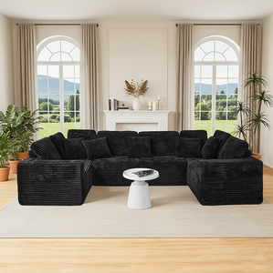 Sofá Seccional Modular Cuadrado de 135.5 Pulgadas, 6 Plazas, Chaise Longue, Diseño Reversible, Tapizado en Corduroy a Rayas, para Apartamento, Hotel/Villa - Product Image 2