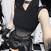 Débardeur court gothique punk pour femme avec capuche, patchwork en maille, bretelles à rivets, style Y2K streetwear, pour club et rave