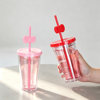 Gobelet isotherme double paroi en plastique transparent personnalisé avec personnage Kawaii, couvercle et bouchon de paille à nœud pour boissons froides