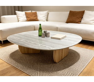 Table basse de salon de style nordique moderne de luxe pour hôtel et villa, base en bois massif de faible hauteur, plateau en marbre naturel travertin - Product Image 1