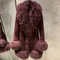 Mantel Bulu Domba Hijau Tua Musim Dingin Wanita Mantel Kulit Suede Asli Jaket Bulu Mongolia