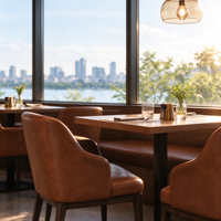 Sièges de restaurant sur mesure en cuir capitonné, mobilier de café, table et chaises en bois pour projet hôtelier