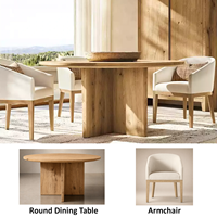 Ensemble de salle à manger rond en chêne clair rustique Wabi-Sabi avec base croisée et chaises en lin pour hôtels de charme et résidences