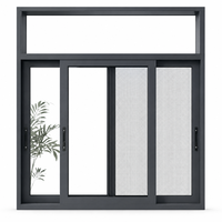 Fenêtres coulissantes à 4 panneaux avec transom fixe en composite sur mesure, en aluminium gris foncé avec moustiquaire et ventilation intégrée