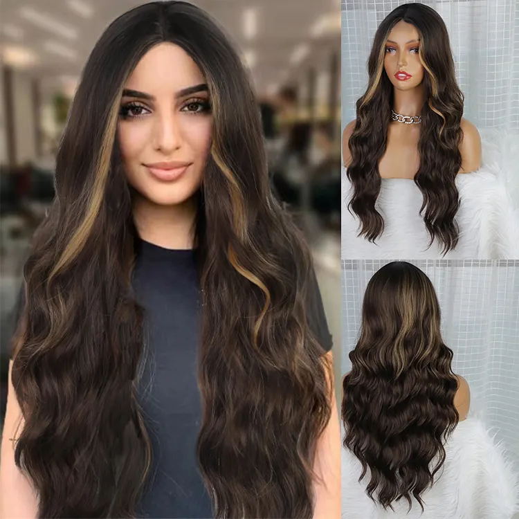 High Quality Long Brown Body Wave Wig Vendor 24 Inch Highlight Wig for Black Women Synthetic Lace Wigs Curly