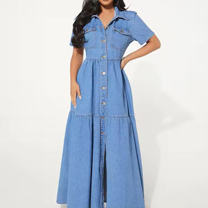 Maxi vestido informal personalizado de fábrica para <span class=keywords><strong>mujer</strong></span>, vaquero lavado, transpirable, línea A, manga corta, logotipo frontal con varios botones, moda sencilla - Product Image 3