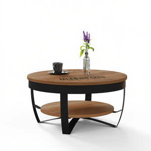Modern Round Coffee <b>Table</b> Wood Top Metal Frame Storage Shelf Living Room Furniture D0100HE7BGG - Product Image 1