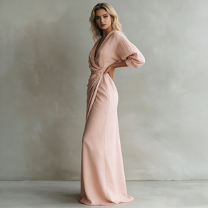 Robes <span class=keywords><strong>pour</strong></span> femmes, rose clair, col en V profond, manches bouffantes, satin plissé torsadé, élégante, formelle, longue - Product Image 3