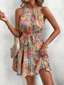 ชุดเดรสลำลองผู้หญิงสไตล์ยุโรปอเมริกัน ลายดอกไม้ ผูกเชือก ระบายอากาศได้ดี ความยาวระดับเข่า สำหรับฤดูใบไม้ผลิและฤดูร้อน - Product Image 6