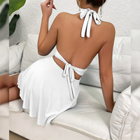 2025 Summer Women's A-Line Mini Dress Deep V-Neck Low-Cut Halter Sleeveless Ruffled Design Eco-Friendly Spandex Washable