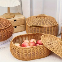 Keranjang Penyimpanan Bulat Anyaman PP dengan Tutup untuk Buah, Camilan, Perhiasan, Kosmetik & Mainan