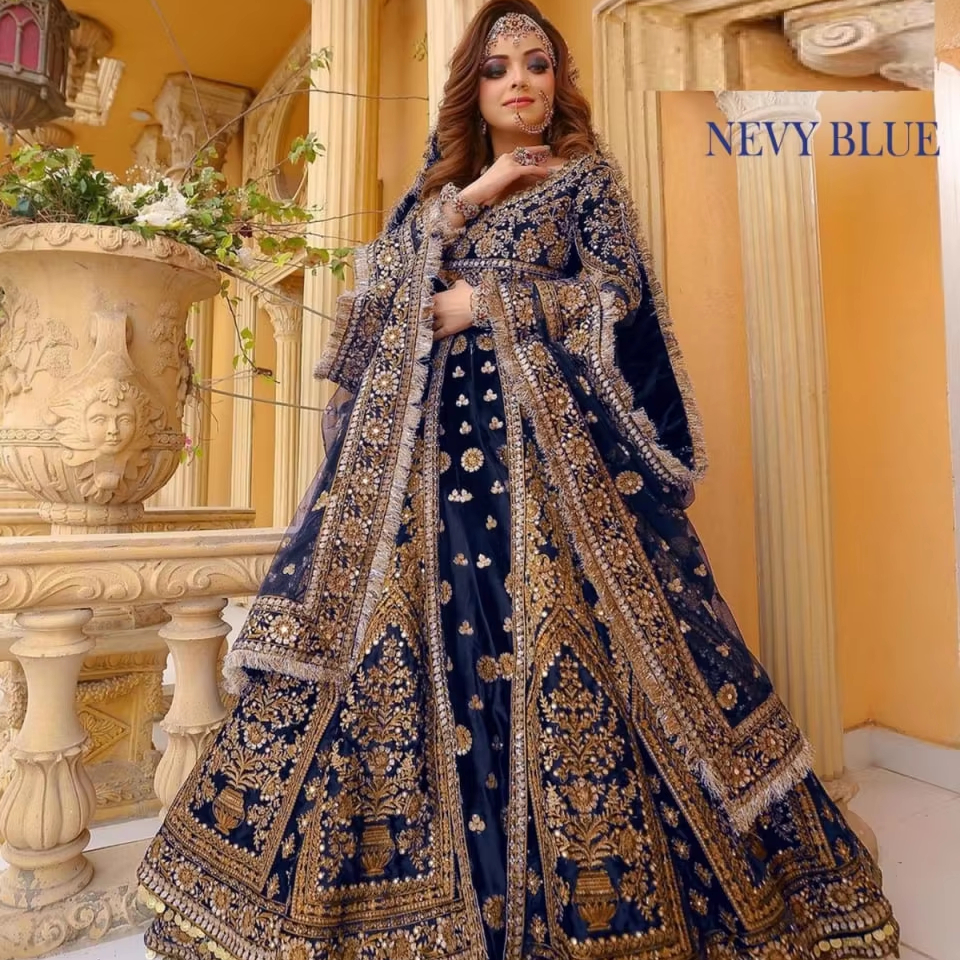 Catálogo de fabricantes de lehenga de terciopelo azul real de alta