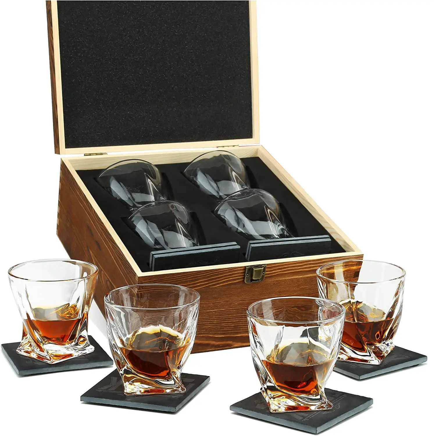 Juego de 4 vasos de whisky trenzados, Juego de vasos de whisky clásico con posavasos de pizarra en caja de madera Premium