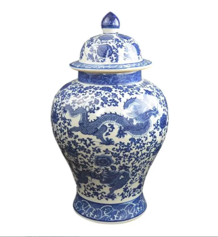 Blauw Wit Keramische Klassieke Blauw En Wit Porselein Bloemen Tempel Dragon Jar Vaas, China Ming Stijl