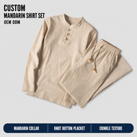 Ensemble de survêtement deux pièces beige personnalisé pour homme, en coton et lin de haute qualité, avec col froissé, manches longues boutonnées, coupe ample, idéal pour l'automne et les tenues décontractées.