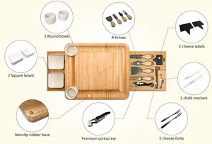 Set di taglieri e coltelli per formaggi in bambù, piatto di salumi in legno di bambù con cassetto per posate estraibile, vassoio da portata per formaggio