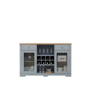 Meuble bar moderne style ferme, bleu clair, chêne clair, 56,46W, porte vitrée, 2 tiroirs, casier à vin, autoportant - Product Image 1
