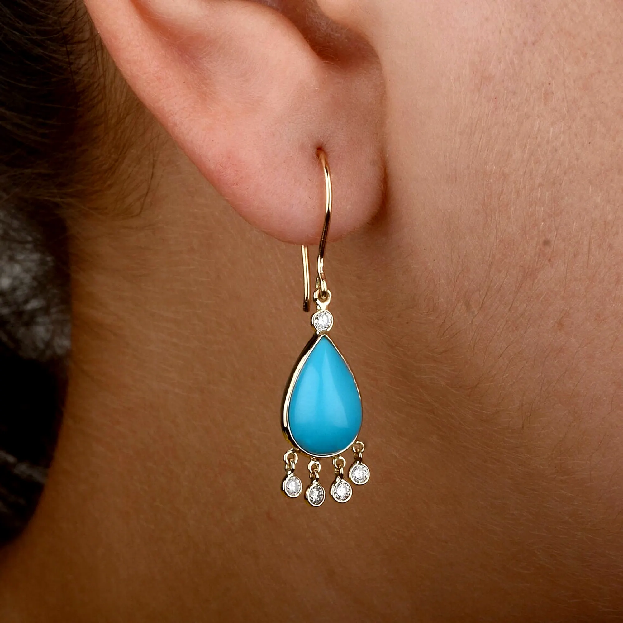 Natural Teardrop Arizona Turquoise Gemstone Diamond Dangle Hook Earrings Solid 14K Yellow Gold Handmade Minimalist Wire Earrings