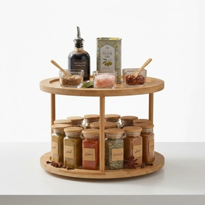 Présentoir rotatif à 360° en bambou à 2 niveaux pour épices et condiments, idéal pour cuisine, salle de bain, garde-manger, vente en gros, antidérapant, logo personnalisé - Product Image 1