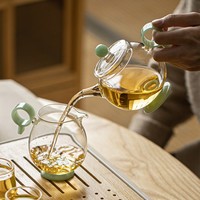 Théière en verre transparente résistante à la chaleur, bouilloire à eau, théière à fleurs avec poignée verte et infuseur, vaisselle de restaurant