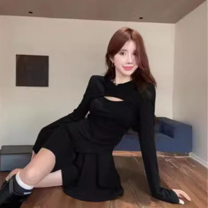 Women's Hollow Long Sleeve Top And Skirt Set Brown High Waisted Two Piece Casual Knitted Polyester Autumn 2025 Style - Product Image 4