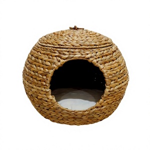 Nouvelle Conception - Niche Ronde pour Animaux de Compagnie en Jacinthe d'Eau avec Couvercle Plat - Style Simple et Respirant pour Petits Chats - Toutes Saisons - Product Image 1