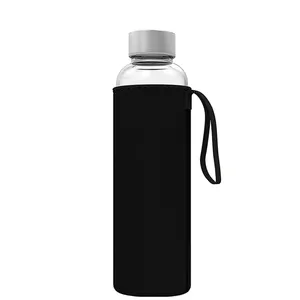 Bpa free outdoor sport gym motivational customized color logo 18 oz 32 oz 1L glass drinking water bottles with sleeve and straps