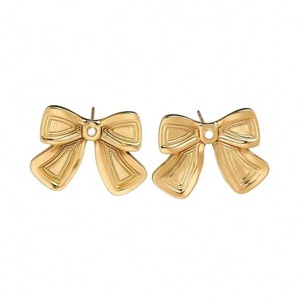 Gold Stud Earrings <b>Women</b> Sculptural Bow Textured Heart Leaf Flower Stainless Steel 14K Gold Plated Trendy Custom Made Party - Product Image 4