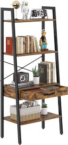 כפרי סולם תצוגת מדף עם מגירת עץ מדף ספרים 4 קומות נשען שירות ארגונית מדפי יד צבוע מתכת מסגרת - Product Image 6