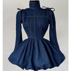 Nuevo Vestido Mini de Mezclilla de Lujo para Mujer, Sexy, Personalizado, de Algodón, Cuello Alto, Manga Larga, con Lazo, Cintura Ajustada - Product Image 2