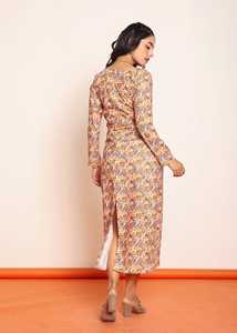 Robe longue imprimée à découpes à la taille avec ceinture, robe décontractée pour femme, en tissu léger, silhouette flatteuse, confortable - Product Image 5