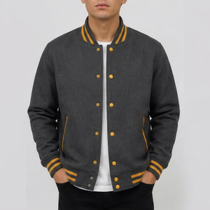 Chaqueta Varsity Gris Oscuro para Hombre con Ribete Naranja, Cuello Alto, Logotipo Frontal, Cierre de Botones, Corte Regular, Estilo Casual para Otoño, Exterior de Algodón - Product Image 1