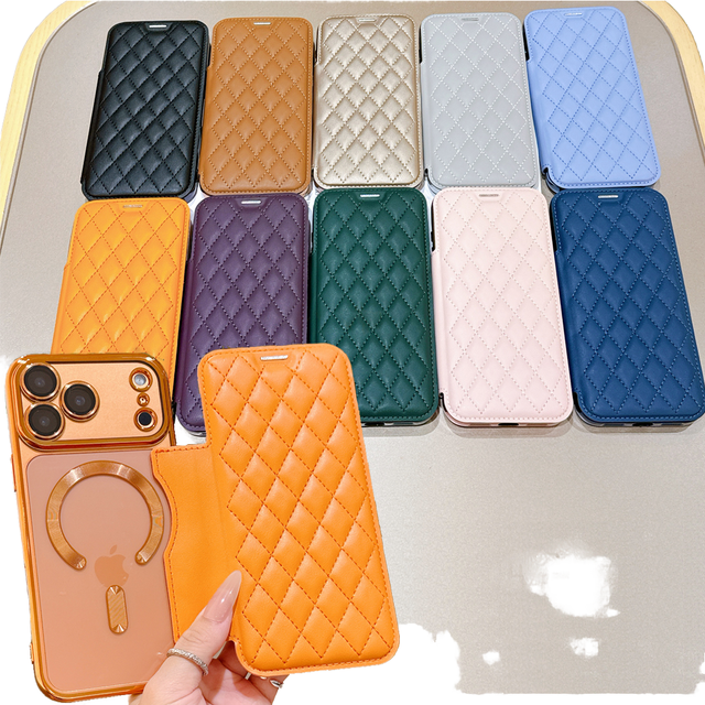 Grid PU Leather Soft Silicon Flip Wallet Mobile Phone Case for 17 Pro 5G Card Slots Full Protection Wireless Charging Magnetic