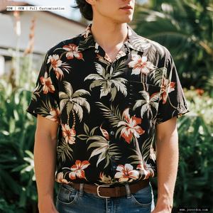 卸売カスタムロゴデザイン90％ポリエステル10％スパンデックスメンズカジュアルシャツビーチウェアボタンアップリゾートビーチハワイアンシャツメンズ - Product Image 4