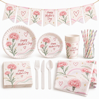 Articles pour la fête des mères : Assiettes, gobelets, serviettes, nappe, bannière décorative à motif de carnations roses, ensembles de vaisselle jetable pour la fête des mères