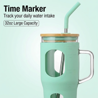 Gobelet en verre borosilicate écologique de 32 oz avec couvercle en bambou, large ouverture, portable, sûr pour les aliments, marqueur de temps et manchon en silicone