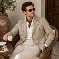 Veste de chasse pour homme 100% lin toile respirante coupe-vent tendance rétro multi-poches avec logo frontal et cordon de serrage intérieur