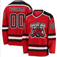 Maillot de hockey sur glace personnalisé rouge, noir et blanc, col en V, manches longues, tissu respirant en polyester et coton, antibactérien, pour homme adulte
