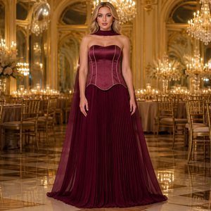 Abito da sera in chiffon <span class=keywords><strong>bordeaux</strong></span> senza spalline, modello A-line, per boutique e rivendita - Product Image 3