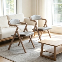Silla de comedor plegable de madera de caucho con estructura en X, asiento tapizado a rayas y diseño de cascada, sillón de estilo rústico, OEM, MOQ bajo, personalizable