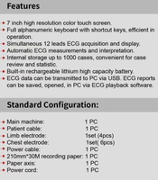 Appareil ECG 12 pistes WEC-12A avec écran tactile 7 pouces et interprétation automatique, batterie rechargeable intégrée et impression thermique