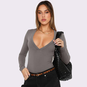 Personnalisé Sexy <span class=keywords><strong>Décolleté</strong></span> <span class=keywords><strong>Plongeant</strong></span> Nylon Stretch Tissu Manches Longues Femmes Tricoté Y2K Blanc Top - Product Image 5