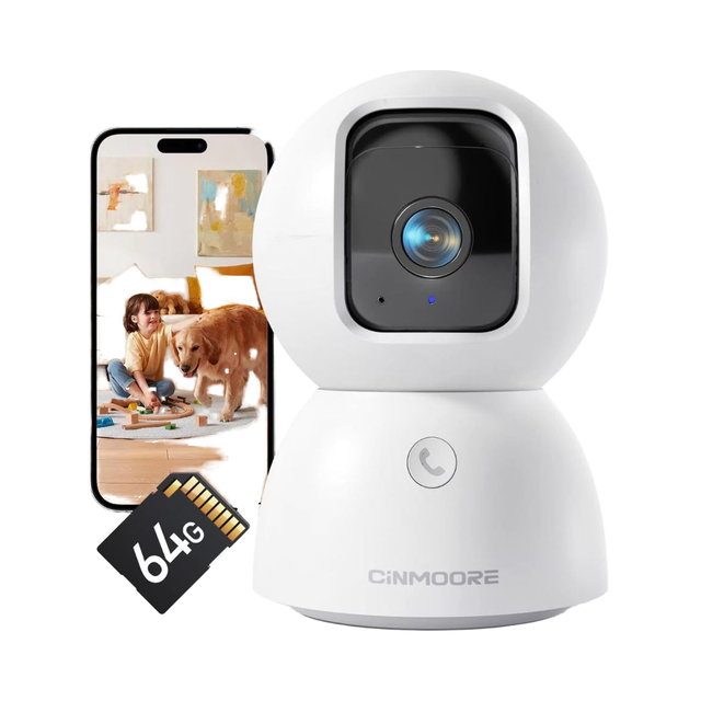 CINMOORE 3K Smart Security Indoor Camera 64GB SD Card 180 View CMOS Color Night Elderly/Baby Monitor Pet Camera Motion