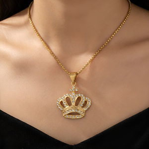 Pendentif Couronne Plaqué Or avec Strass en Cristal, Collier Classique pour Femme, Bijou Cadeau, Pendentifs en Acier Inoxydable - Product Image 5