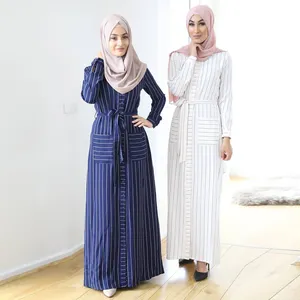 Supplier Dubai Clothing Women Striped Shirt Dress Muslim Women Dress With Button Fashion Islamic Abaya Dresses
