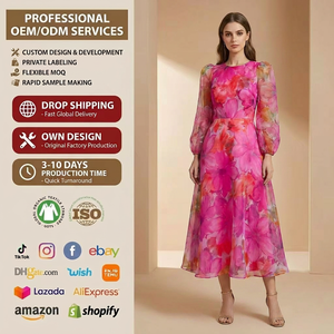 Abito Elegante <span class=keywords><strong>da</strong></span> <span class=keywords><strong>Sera</strong></span> con Scollo a O e Motivo Floreale in Garza per Primavera Autunno, Vestito Lungo Casual <span class=keywords><strong>da</strong></span> Donna per Ufficio e Streetwear Stile Impero - Product Image 3