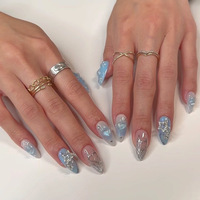 Ongles à presser personnalisés en amande rose transparente avec fleurs 3D, papillons, perles et strass, avec colle, pour usage quotidien et fêtes